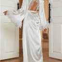 OYOANGLE Women's Satin Robe Long Sleeve Backless Lace Trim Belted Bathrobes for Wedding Party Getting Ready (White)