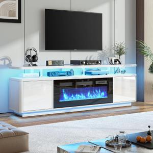 70" Fireplace TV Stand with Double LED Lights for TVs UP to 80", Electric Fireplace Entertainment Center with Storage Cabinets, TV Console for Living Room, Office, White