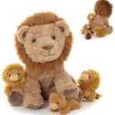 Karister Lion Plush Toy, 17.7" Mother Lion Stuffed Animal with 3 Cute Baby Lions, 4Pcs Wild Animal Stuffed Toy for Kids Boys Girls, Safari Animal Plushies Gift for Christmas Birthday, Brown