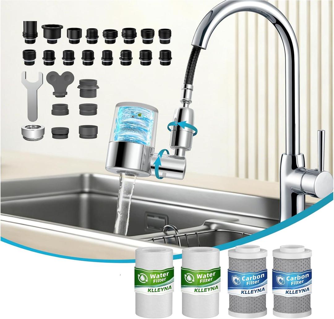 KLLEYNA Pull-Down Faucet-Mount Water Filters - (22 Adapters) Swivel 720 Sink Tap Filtration, ACF Reduce 99% Chlorine for Great Taste, 528 Gallon Purifier Kitchen/Bathroom,High Pressure 2-Mode Spray