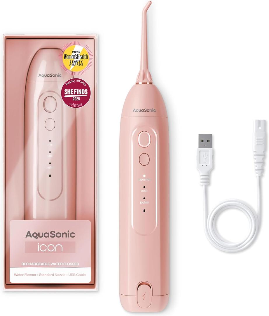 AquaSonic Icon Water Flosser for Teeth  Cordless Rechargeable Oral Irrigator  Waterproof, Portable Dental Cleaning with Jet Tip  Braces Home Travel - Blush