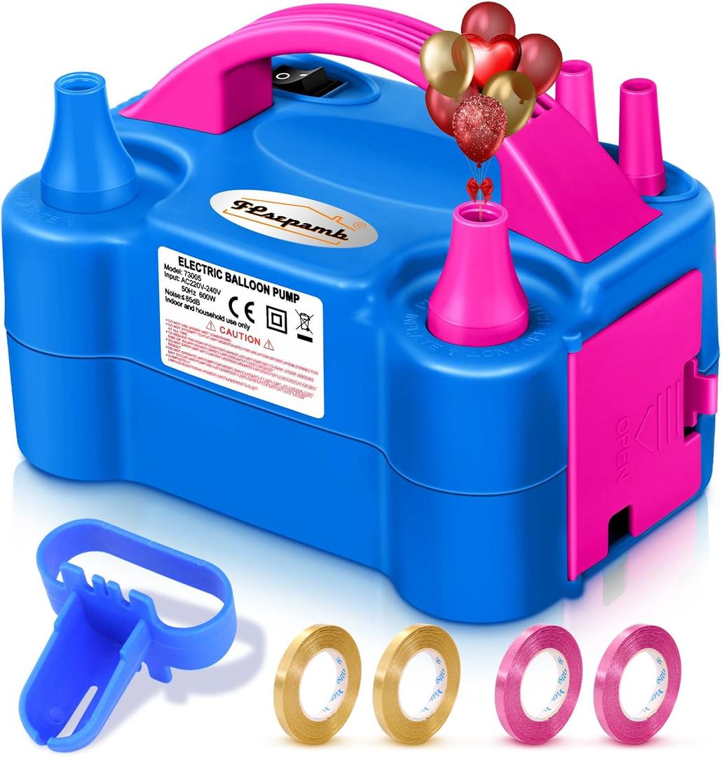 FLSEPAMB Balloon Pump, Electric Balloon Pump, Portable Dual Nozzle 110V 600W Electric Balloon Blower, Balloon Pump for Party Decorations with Tying Tool, Colored Ribbons (Blue)