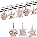 Decorative Shower Curtain Hooks, Seashell Turtles Shower Curtain Rings, Beach Theme Rust Proof Bath Shower Hooks, 12 Pack Bathroom Decoration Ocean Coastal Shower Curtain Hangers