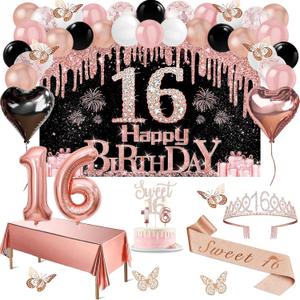 Sweet 16 Party Decorations, 49pcs Black Rose Gold Black Banner, Tablecloth, Butterfly Decor, Sweet 16 Sash and Tiara, Cake Topper, Candles, Balloons Arch