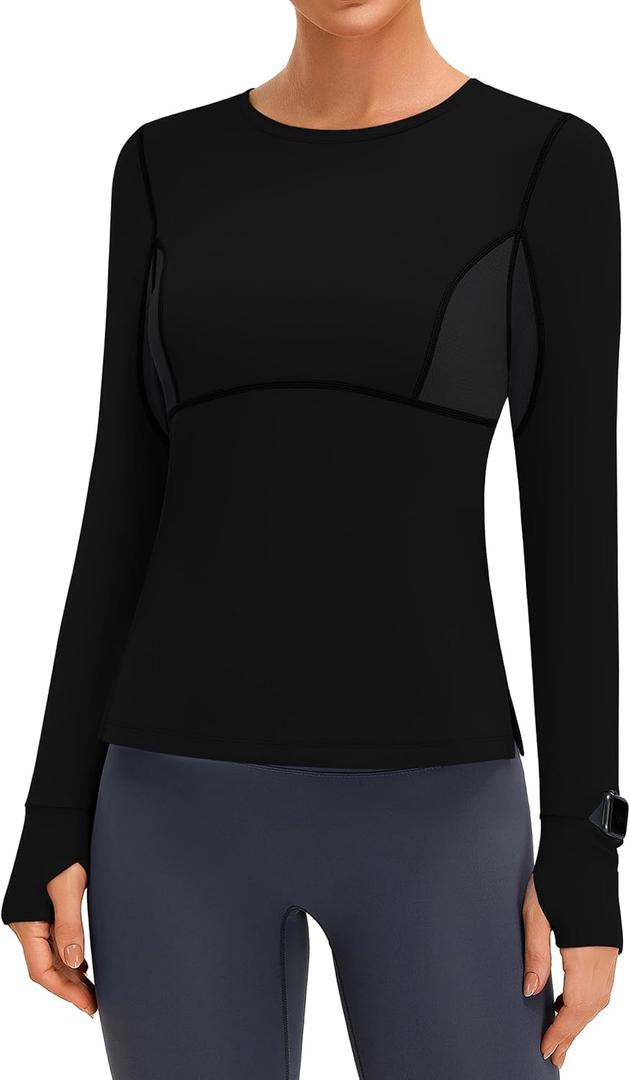 BMJL Womens Long Sleeve Workout Tops UPF 50+ Sun Protection Shirt with Mesh Panel for Athletic Hiking Running (Black, S)