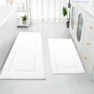 SHACOS White Bathroom Rugs Sets 2 Piece 32x20 + 47x20 inch, Non Slip Bath Mat Microfiber Washable Bathroom Rugs, Soft Fluffy Water Absorbent Bath Mat, Set of 2, White