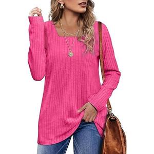 OFEEFAN Long Sleeve Shirts for Women Loose Fit Crew Neck Tunic Tops Blouse Dressy Casual Fall Winter Clothes Outfits, L