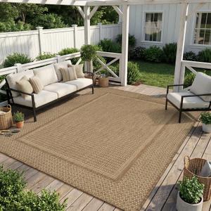 MontVoo-Outdoor Rug-Patio Rug 5x7 ft Polypropylene Indoor Outdoor Rugs Outdoor Carpet for Patio Deck Balcony Porch, Textured Weave, Durable for High Traffic, Fade-Resistant, Modern Neutral Brown