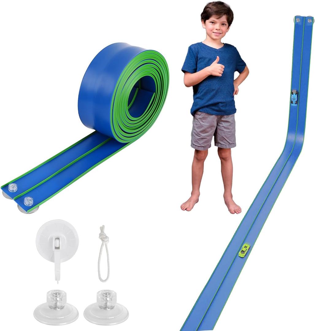 Flexible Race Car Track 15 Ft Starter Set with Suction Cups Compatible with Diecast 1/64th Car for Ages 3 & Up Track Long Rolls Up Portable Racetrack (Blue&Green)