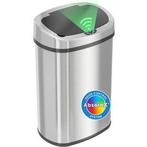 iTouchless 13 Gallon Automatic Sensor Trash Can with AbsorbX Odor Filter, Stainless Steel Kitchen Garbage Bin, Fingerprint-Proof, Hands-Free Operation, Oval (Light Silver, Black)