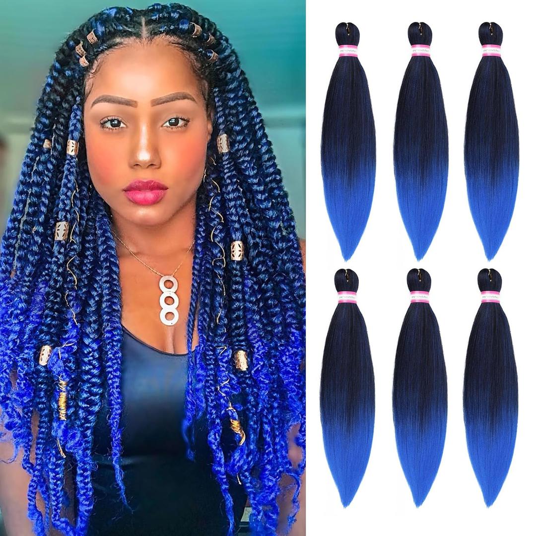 Dorsanee Ombre Blue Braiding Hair Pre-Stretched 20 Inch 6 Packs Braiding Hair Extensions for Crochet Box Braids Twists Locs Hair Itch Free Soft Yaki Texture Hot Water Setting, 1B/Blue