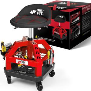 Rolling Shop Stool for Garage with Casters, DO02-Adjustable Height 360 Swivel Shop Seat with Tool Tray Storage, 330 LBS Capacity Padded Mechanic Stool, Magnetic Tool Hold, Heavy Duty, Red