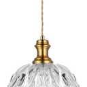 Gold Glass Pendant Lights, 10.6" 1-Light Vintage Hanging Light Fixtures with Flower Clear Glass, Antique Brushed Brass Pendant Lighting for Kitchen Island Sink Dining Room