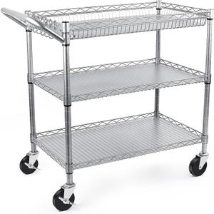 WDT Heavy Duty 3 Tier Utility Cart,Wire Rolling Carts with Wheels, Commercial Grade Service Cart with Shelving Liners and Handle Bar Metal Carts for Kitchen Office Hardware