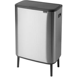 Brabantia Bo Hi Touch Top Kitchen Trash Can with Dual Compartments & Raised Legs | Matt Steel Fingerprint Proof | 2 x 8 Gal Inner Buckets | Soft-Close, Light Touch Opening, Stay-Open Lid | + Trash Bags