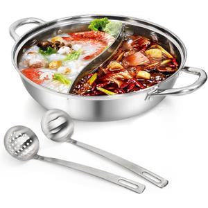 Peohud 304 Stainless Steel Hotpot Pot with Divider, 12 Inches Double-flavor Shabu Shabu Pot with Ladle and Slotted Spoon, Dual Sided Soup Cookware for Induction Cooktop Gas Stove