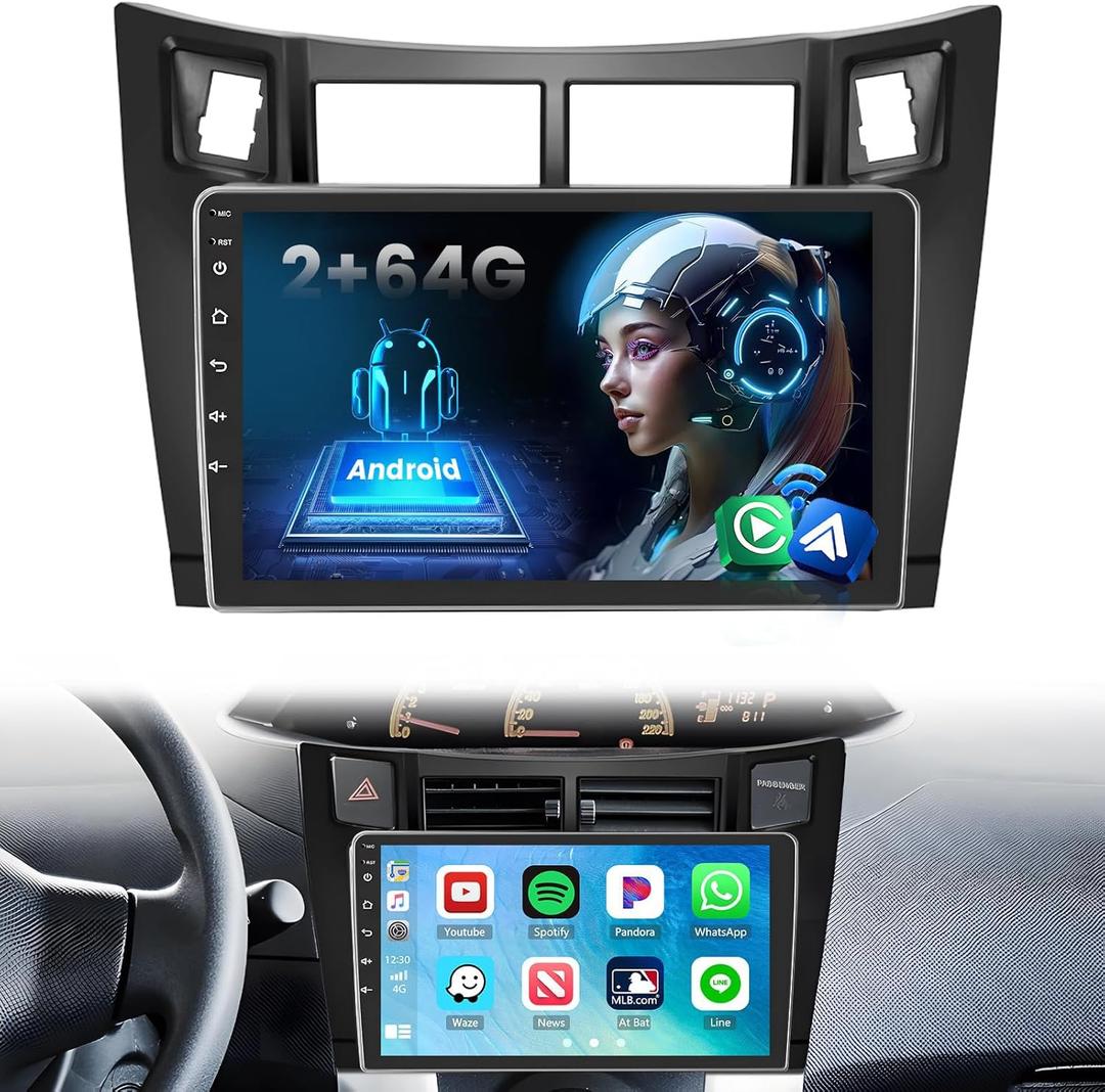 [2+64G] Android 15 Car Radio Stereo for Toyota Yaris 2006-2011, 9 inch IPS Touch Screen Radio, Wireless Carplay/Android Auto/Bluetooth/GPS/FM RDS/EQ/WiFi +Free AHD Cam
