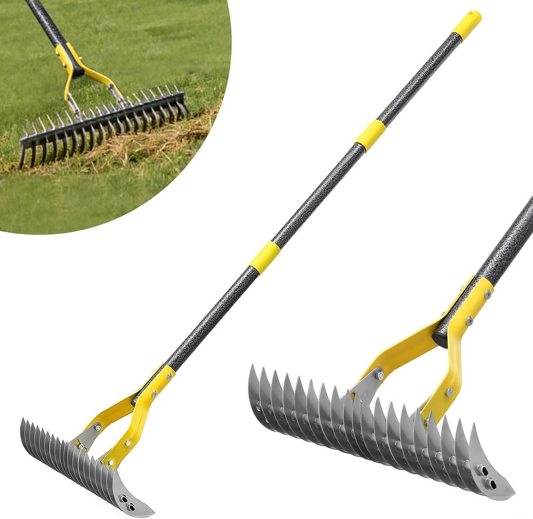 Thatch Rake, 15-Inch Wide Manual Dethatcher Rake for Cleaning Dead Grass, Loosening Soil, 55" Efficient Steel Metal Dethatching Rake with Long Adjustable Handle, Thatch Rakes for Lawns, Yard, Garden
