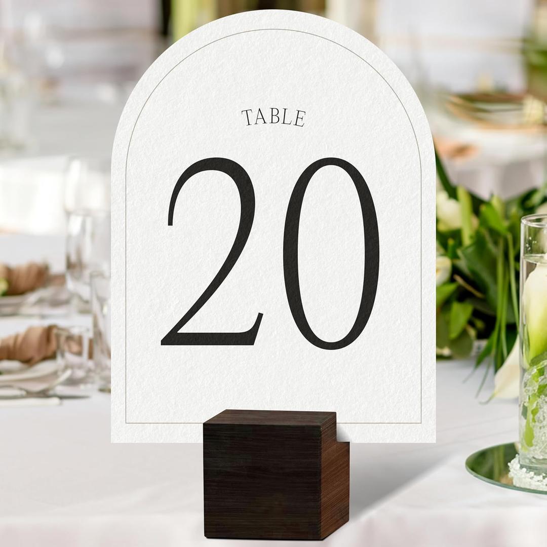 Table Numbers for Wedding Reception  1-20 Rustic Wood Base with Arch Paper Cards  QR Insert Surprise for Couple  Elegant Centerpiece Number Signs for Weddings, Receptions, Events, Banquets