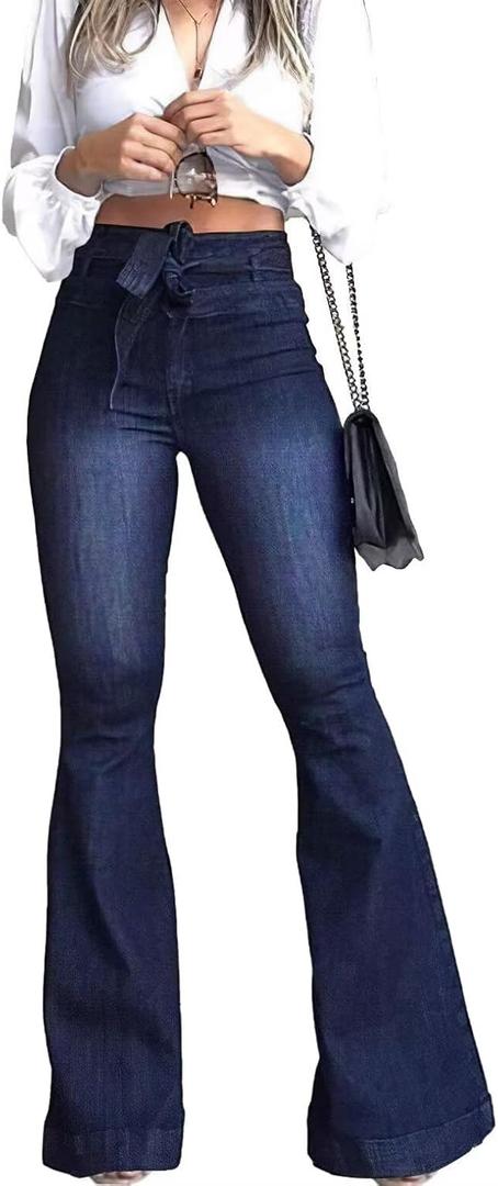 KDF High Waisted Bell Bottom Jeans for Women Flare Jeans for Women Stretch Wide Leg Jeans (14, #024_dark Blue(with Belt))
