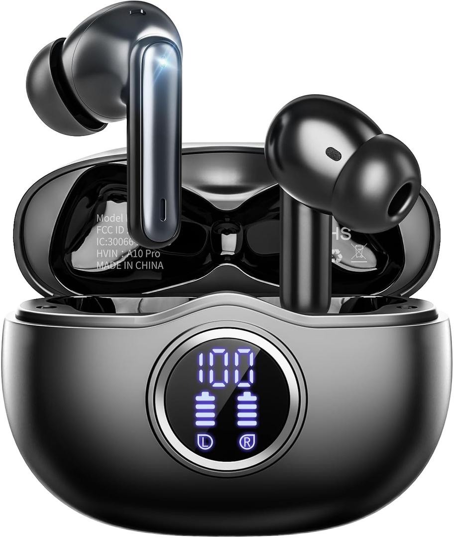 A10 Pro Wireless Earbuds, Bluetooth 5.3 Headphones HiFi Stereo 50H Playback LED Digital Display Ear Buds with ENC Noise Canceling Headset, IPX7 Waterproof Earphones for Gym/Running/Work, Black