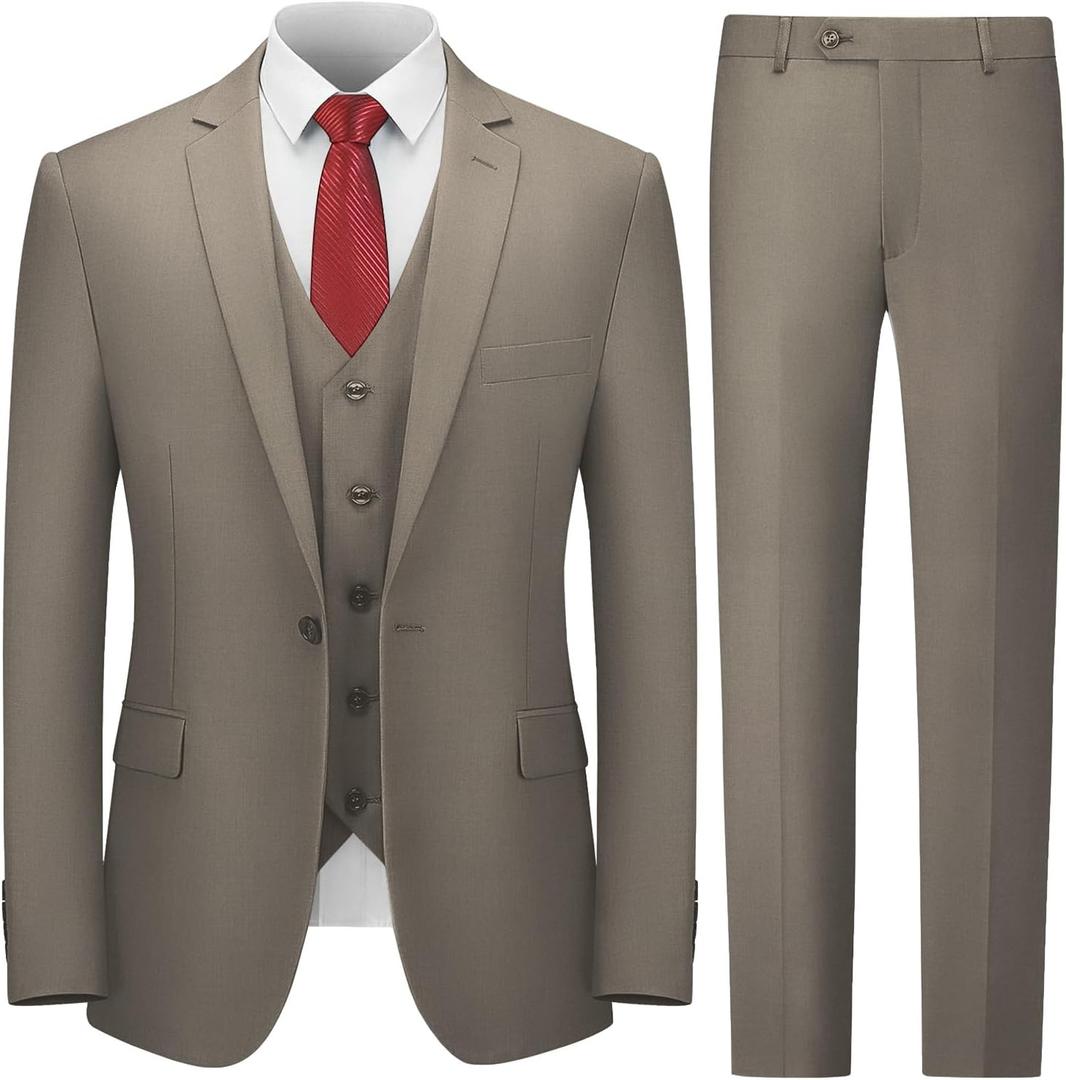 Cooper & Nelson Men's Suit Slim Fit, 3 Piece Suits for Men, One Button Solid Jacket Vest Pants with Tie, Tuxedo Set (Brown, XXL)