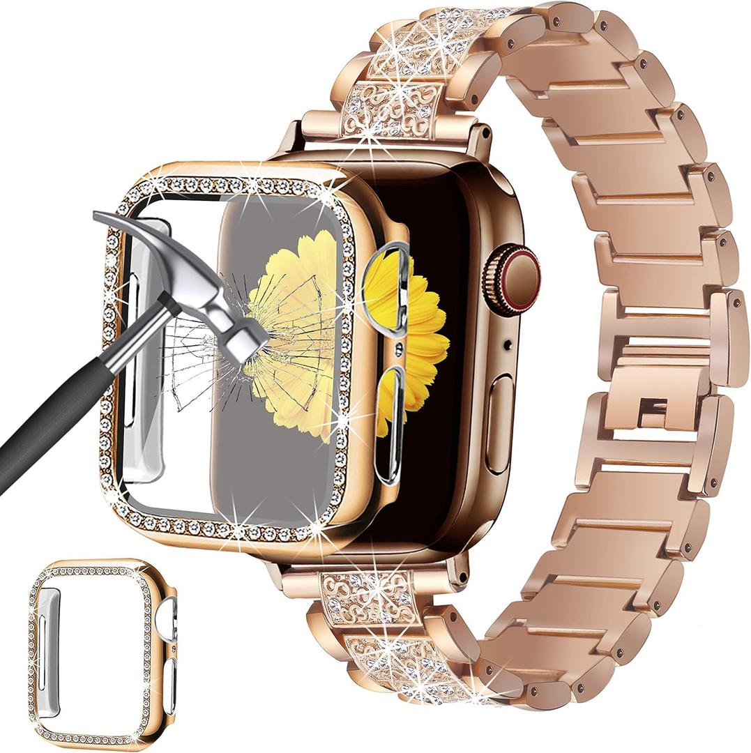 Compatible for Apple Watch Band with Screen Protector Case, Jewelry Replacement Bands 46mm 45mm 44mm 42mm 41mm 40 mm 38mm 2 Pack Protective Cover for iWatch Series 11/10/9/8/7/6/5/4/3/2/1/SE Women