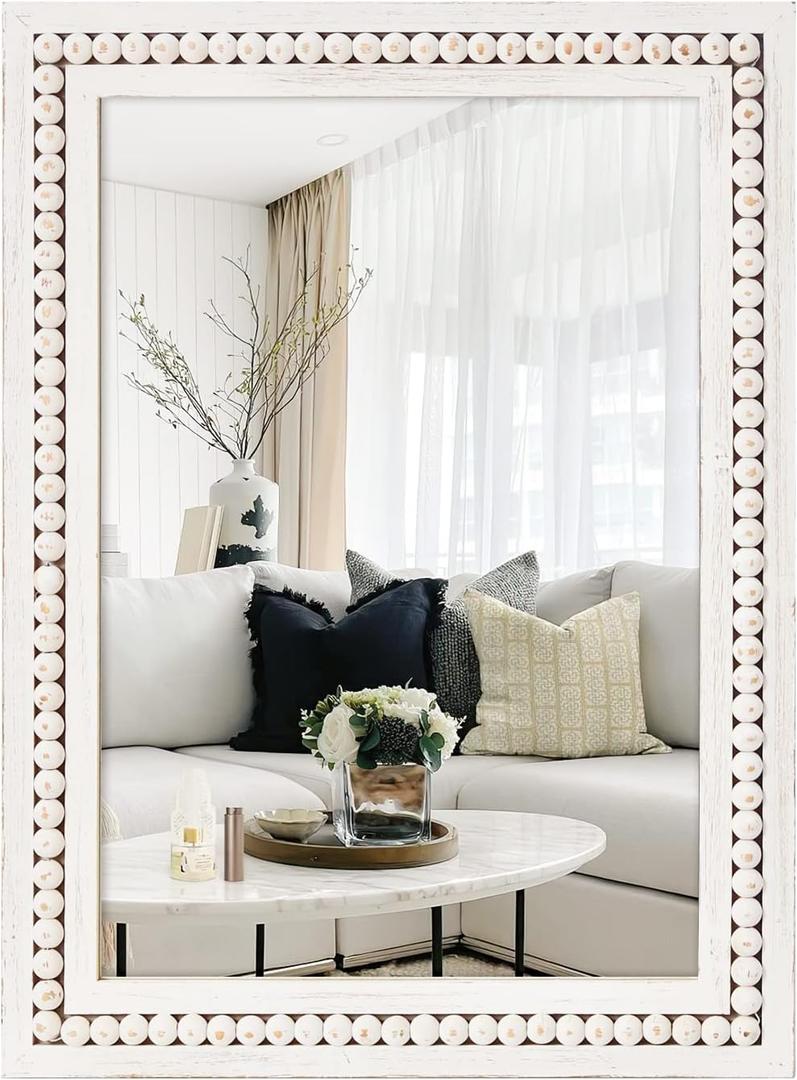 H HOMEWINS Rustic Wooden Mirror, 24x36 Inch Farmhouse Boho Bathroom Rectangle Nursery White Beads Decor Wall-Mounted Mirror for Bedroom, Living Room,Vanity,Entryway,Over Sink