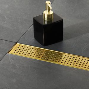 Neodrain 24-Inch Brushed Brass Linear Shower Drain with Removable Quadrato Pattern Grate, 304 Stainless Steel Gold Rectangle Shower Floor Drain, Bathroom Linear Drain & Hair Strainer, CUPC Certified