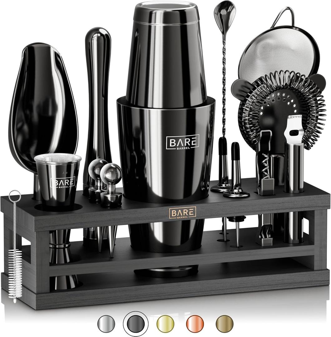 BARE BARREL Mixology Bartender Kit Bar Set | 16-Piece Cocktail Shaker Set | Martini Barware Mixing Tools for Home Bartending | Incl. 35 Recipe Cards | Gift Set (28oz Boston Shaker, Jet Black/Black)