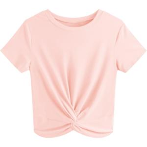 JINKESI Women's Summer Causal Short Sleeve Blouse Round Neck Crop Tops Twist Front Tee T-Shirt (Medium, A8 Light Pink)