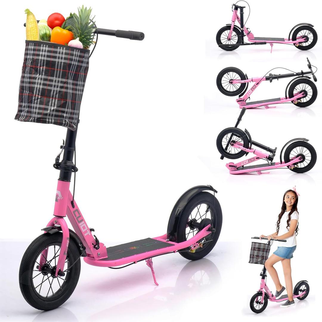 Adult Scooter for XXL Big Wheels, Folding Commuter Kick Scooter for Adults & Teens, Adjustable Heigh, Lightweight Sports Commuter Scooter for Kids Tenns Adults, 4 Adjustable Levels. (Pink)
