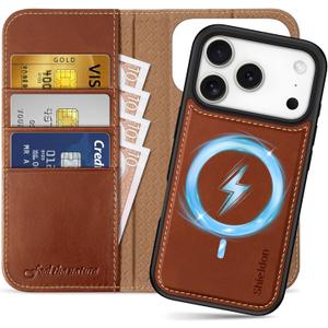 SHIELDON Detachable Genuine Leather Case Wallet for iPhone 17 Pro 6.3" 2025 | 2-in-1 Design, Wireless Charging, Magnetic, RFID Blocking Credit Card Holder, Kickstand, Flip Cover - Retro Brown