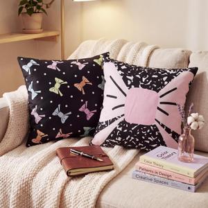 2 Pcs Composition Bow Throw Pillow Covers 18'' x 18'' Pastel Bow Knot Classroom Decor Back to School Pillow Cases Dots Pillowcases for Couch Bedroom Living Room
