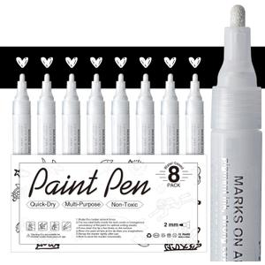 AKARUED White Acrylic Paint Markers, 8 Pack Acrylic White Paint Pen Sets for Rock Painting, Wood, Stone, Glass, Ceramic, Paper, Drawing, Art Projects, DIY Crafts, Water-Based ink, 2-3mm Medium Tip