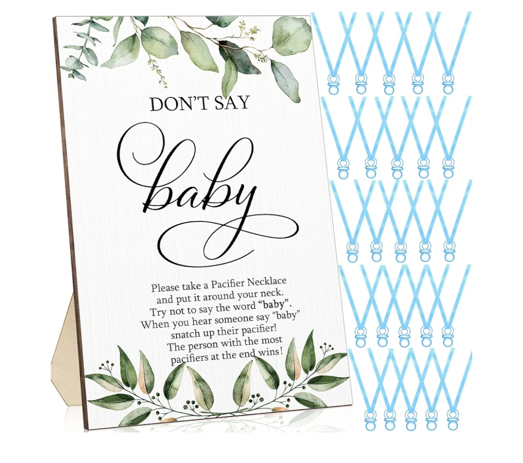 Geetery 51 Pcs Don't Say Baby Game Sign Greenery Cool Baby Shower Game 50 Pacifier Necklace Wooden Don't Say Sign Plastic Pacifier Party Favor for Gender Reveal(Greenery,Blue)
