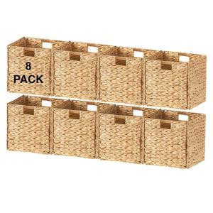 Ornavo Home 13x13 Water Hyacinth Storage Baskets Set of 8, NaturalHandwoven Collapsible Wicker Cube Bins with Handles; Ideal for Bathroom, Bedroom, Laundry or Pantry