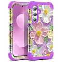 SleekCover Compatible with Galaxy S25 FE Case, 3 in 1 Oil Painting Flower Pattern Heavy Duty Shockproof Protection Silicone Rubber Bumper+Hard PC Protective Cover for Samsung S25 FE 6.7", Purple/ Pink