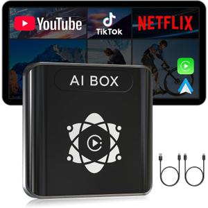 AI Box for Factory Wired CarPlay, Wireless CarPlay & Android Auto Adapter with Netflix, YouTube & TikTok, Full Android Car Video Box with 4G LTE, GPS, Dual Bluetooth and Dual-Band WiFi