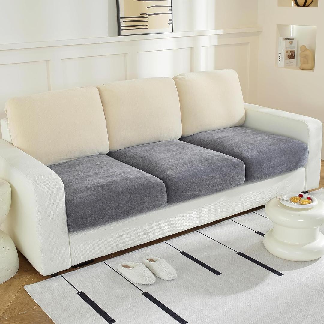 WEYOND Couch Cushion Covers for L Shaped Sectional Sofa  Softer Chenille Sofa Covers Washable, Non-Slip Stretch Couch Covers & Individual Seat Cushion Slipcovers (3 Piece, Dark Grey)