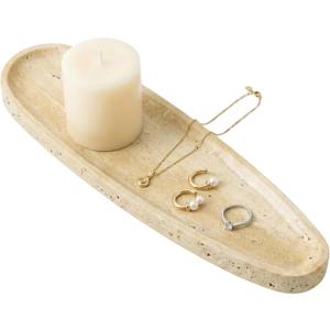 Natural Travertine Vanity Tray, 16.6"x4.6" Real Marble Decorative Tray for Bathroom Countertop & Home Decor, Catchall Organizer for Jewelry, Candles, Cosmetics & PerfumeTravertine