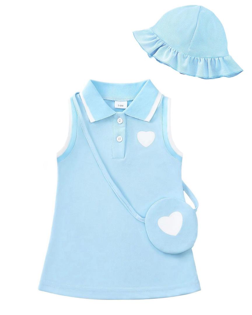 Renotemy Toddler Summer Girl Dress 2T 3T Girl Clothes Little Girls Dresses Beach Birthday Party Gifts 2-3 Year Old Girls Sport Outfits Blue Sleeveless Casual Tennis Polo Sundress with Hat and Bag