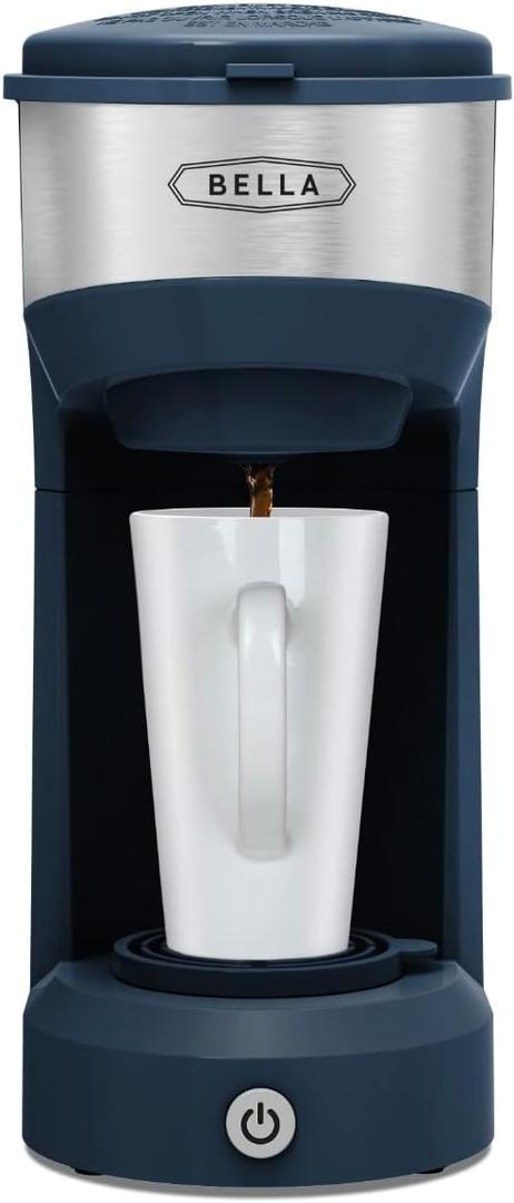 BELLA Dual Brew Single Serve Coffee Maker, Brews both Kcup and Ground Coffee, Large 14oz Capacity, Easy One Touch, Auto Shutoff, Navy (Blue)
