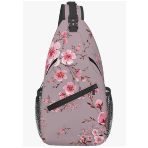 Pink Cherry Blossom Crossbody Sling Bag for Women Men Watercolor Hand Painted Blooming Branches Travel Sling Backpack Casual Shoulder Bag Beautiful Japanese Floral Print Hiking Daypack