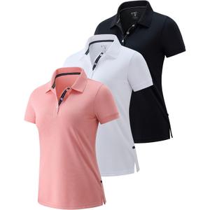 3 Pack Women's Athletic Dry Fit Polo Shirts, Wicking Short Sleeve Collared Golf T Shirt Tennis Tops (Pink/Black/White) Small