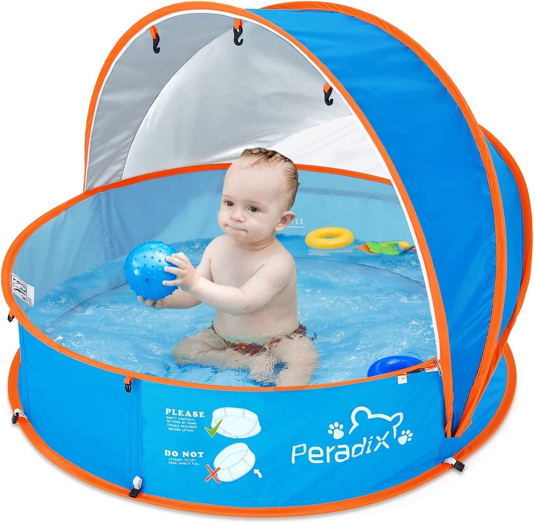 Peradix Paddling Pool for Kids & Pets Infant Ball Pit Tent, Baby Beach Tent, Toddler Wading Pool UV Sun Shelter Canopy with Mosquito Net, Portable Pop Up Tent Summer Beach Toys for Child (Blue-orange)