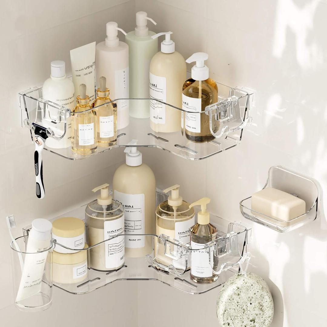 UDD Corner Shower Caddy, Clear Shower Organizer Bathroom Storage Rack with Soap Dish Hook and Hanging Cup, Adhesive Wall Shower Shelves for Bathtub Dorm, 4 Pack