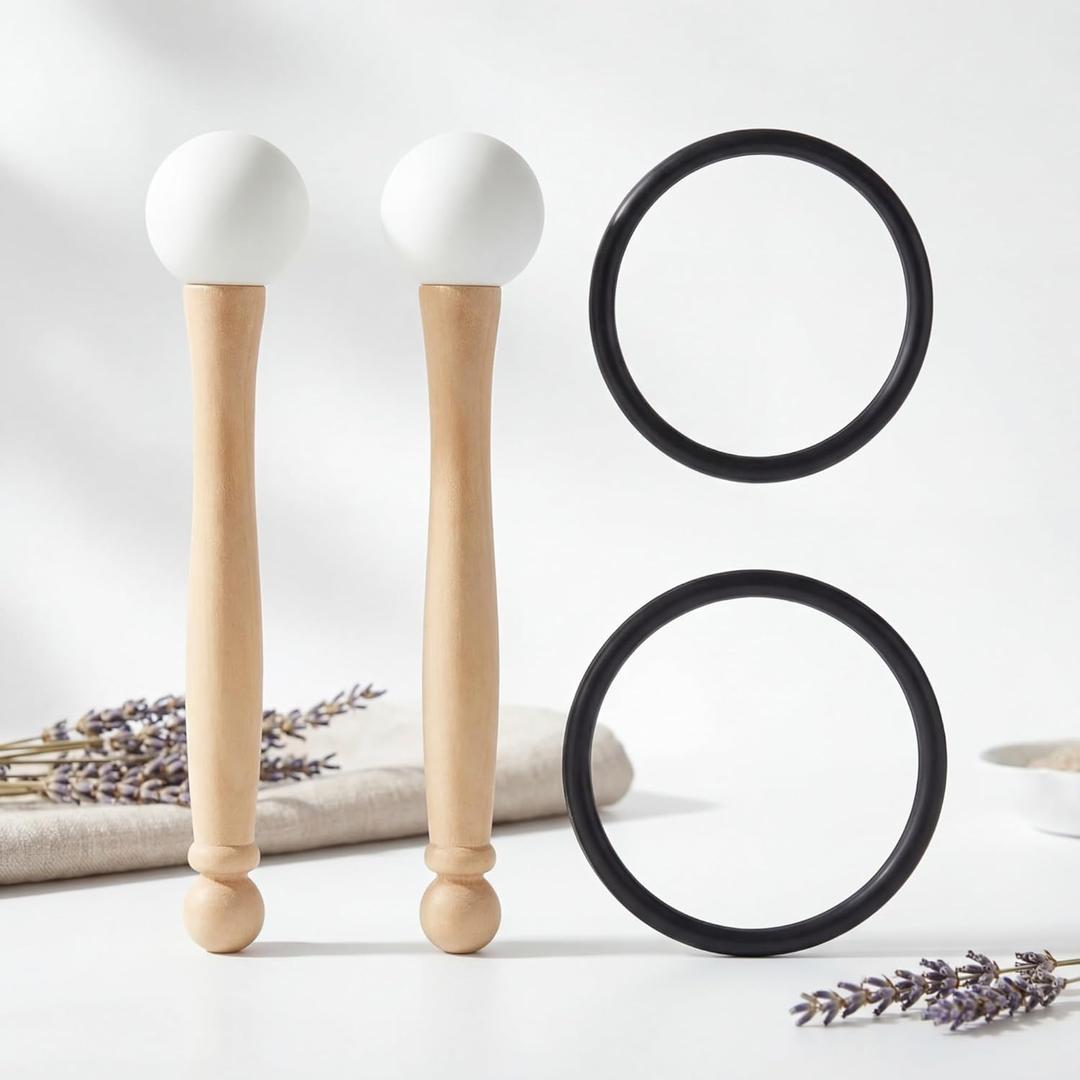 Nuanchu 4 Pcs Crystal Singing Bowl Mallet Bowl Striker and O Ring Set, Include 2 Rubber Head Wood Handle Mallet with 2 Rubber O Rings for Playing Crystal Singing Tool Buddhist Meditation Yoga