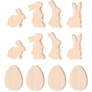 12 PCS 4 Inch Unfinished Wooden Cutouts, Blank Wood Bunny Eggs Shapes for DIY Craft Projects, Table Centerpieces and Signs (Rabbit&Eggs)