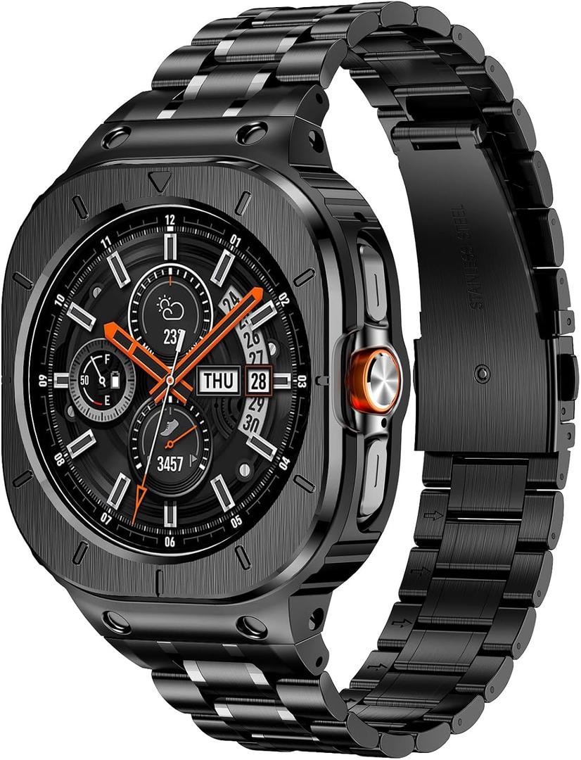 Stainless Steel Bands with Case Compatible with Samsung Galaxy Watch Ultra 47mm, Rugged Protector Cover and Metal Band for Samsung Galaxy Watch 7 Ultra for Men (Black) (Galaxy Watch 7 Ultra -47mm)